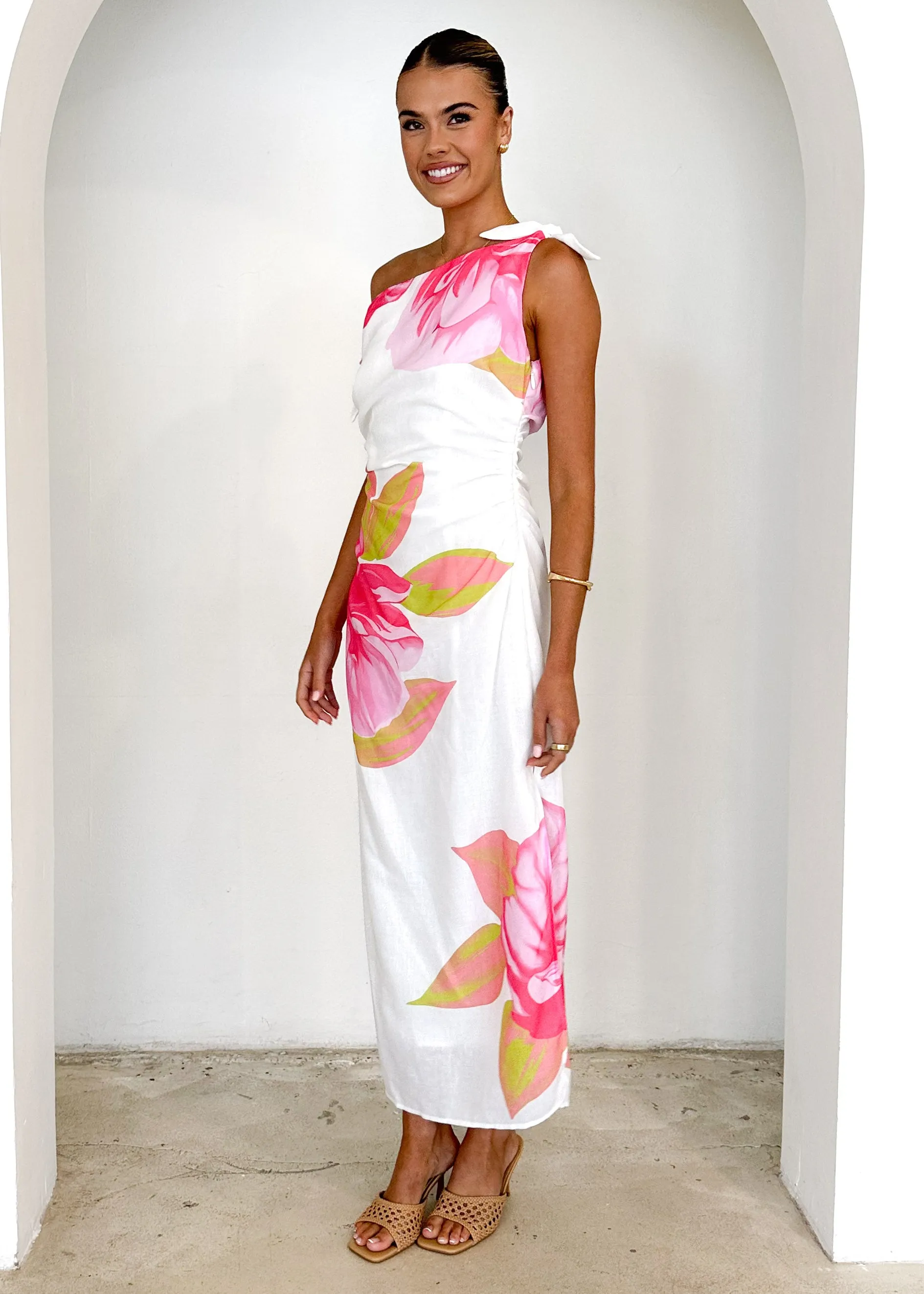 Dulcie One Shoulder Midi Dress - Pink Flowers sold by Gingham & Heels product image thumbnail 4