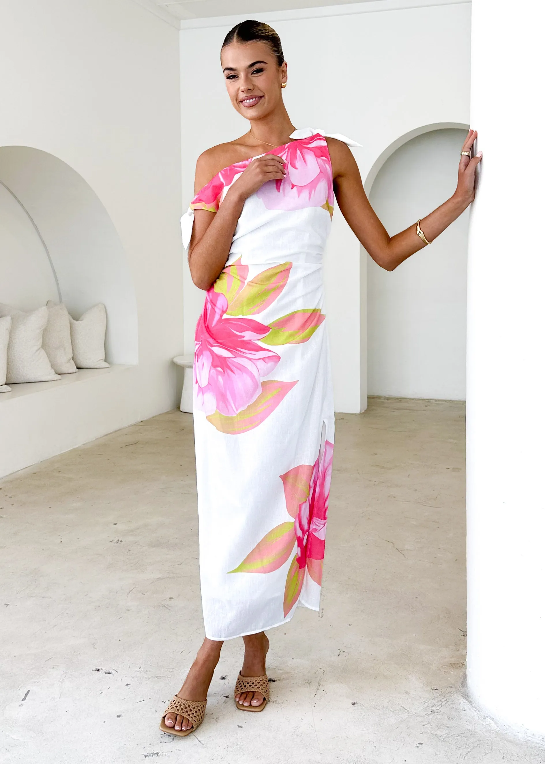 Dulcie One Shoulder Midi Dress - Pink Flowers sold by Gingham & Heels product image thumbnail 2