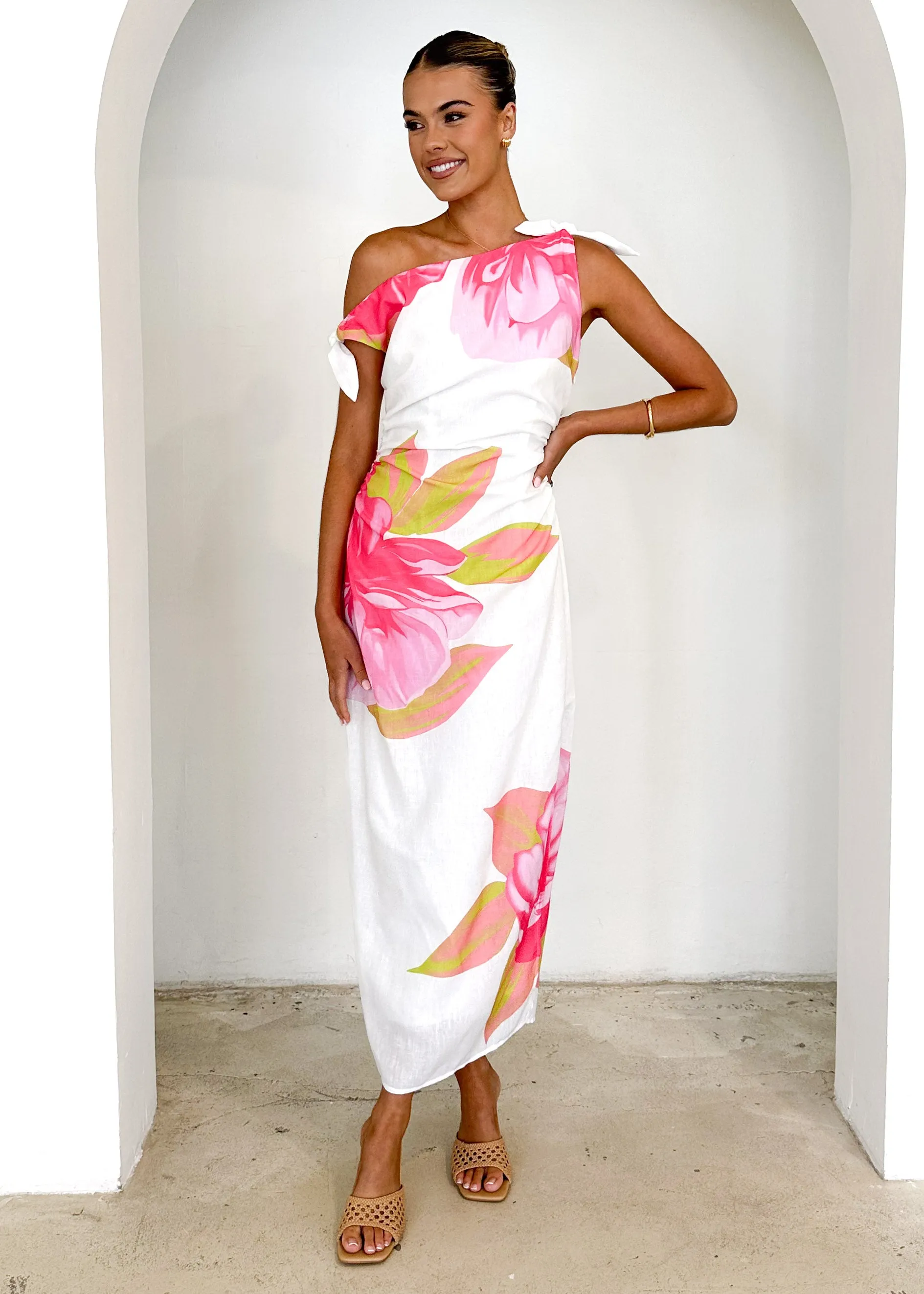 Dulcie One Shoulder Midi Dress - Pink Flowers sold by Gingham & Heels product image thumbnail 3