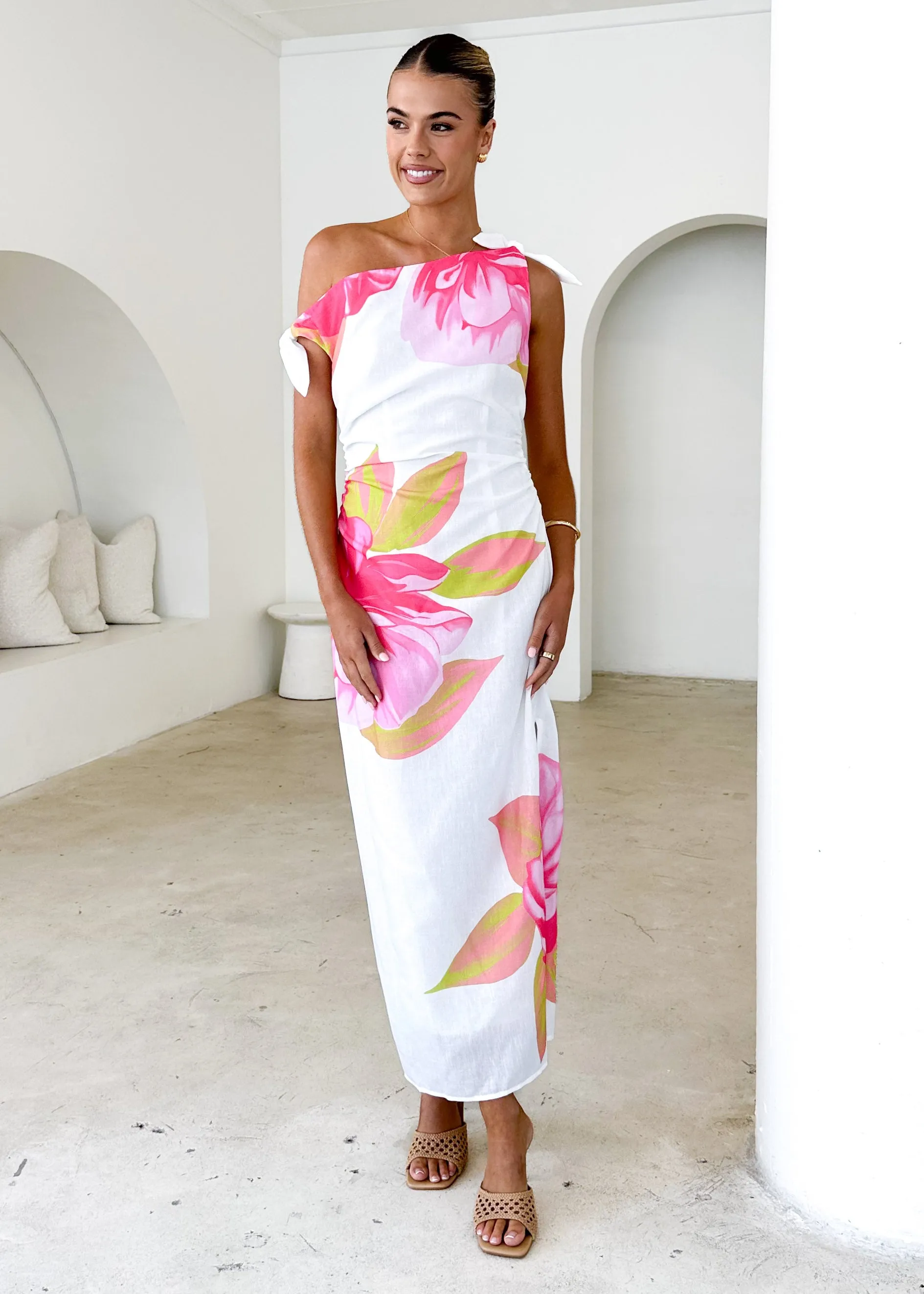 Dulcie One Shoulder Midi Dress - Pink Flowers sold by Gingham & Heels