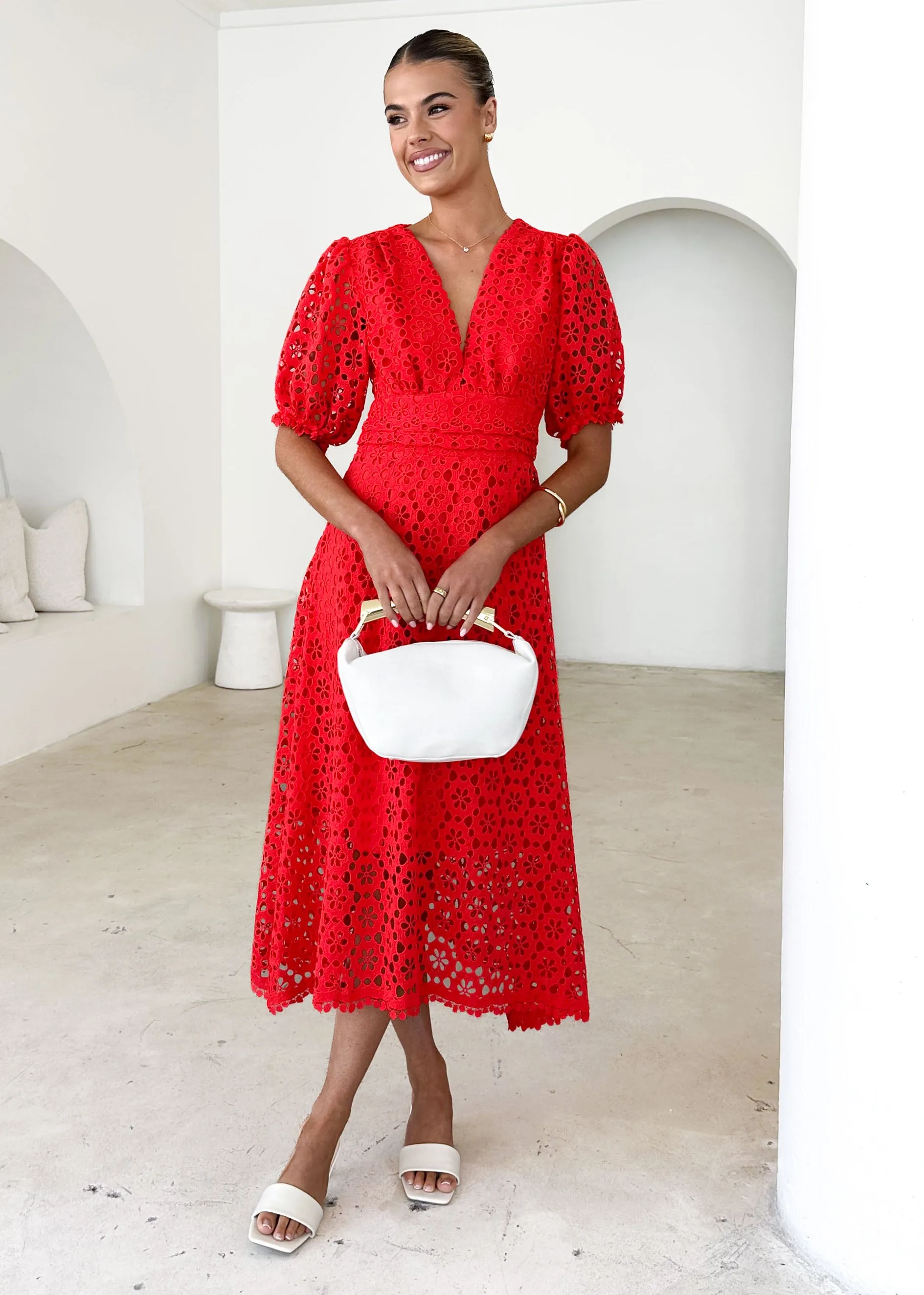 Jahra Lace Midi Dress - Red sold by Gingham & Heels