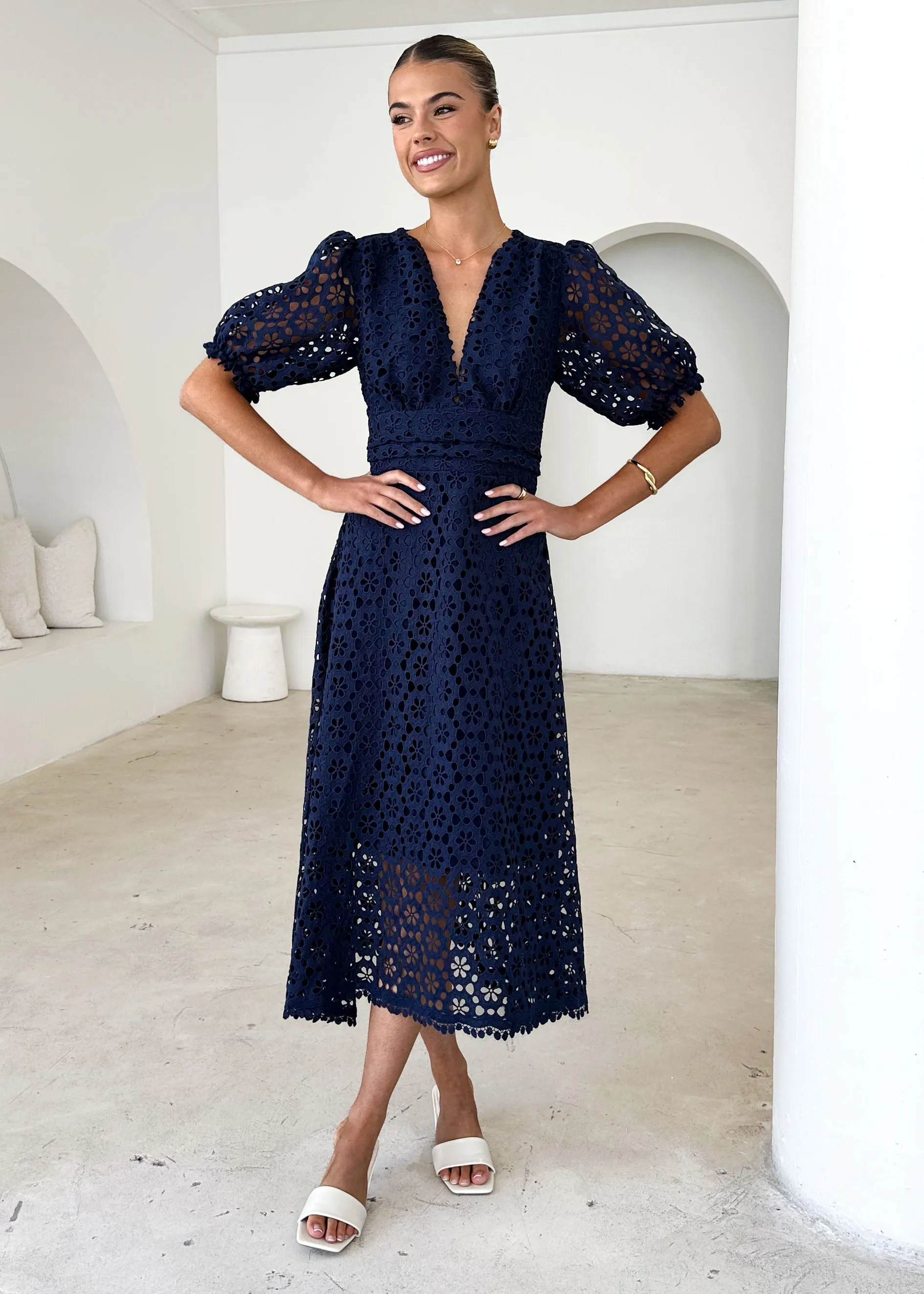 Jahra Lace Midi Dress - Navy sold by Gingham & Heels