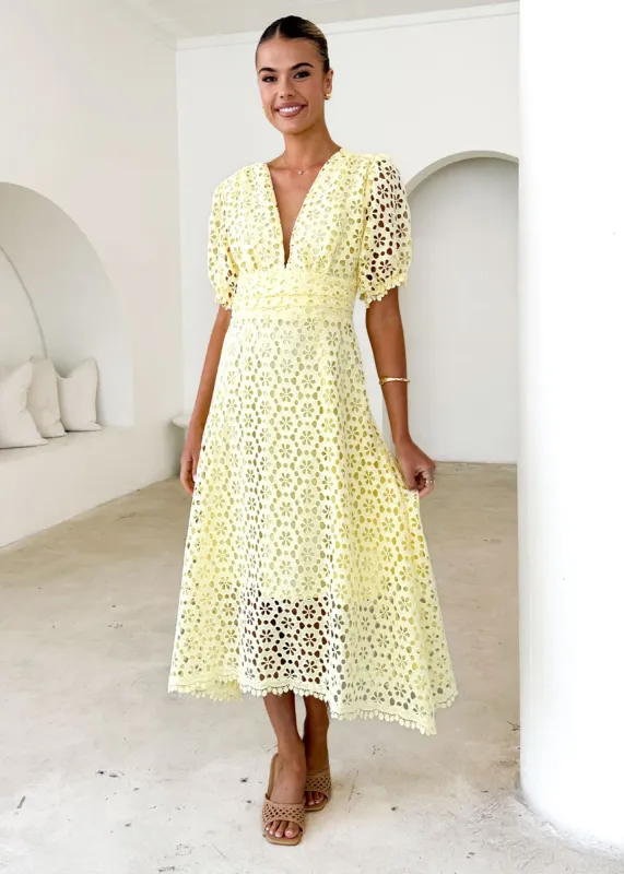 Jahra Lace Midi Dress - Yellow sold by Gingham & Heels
