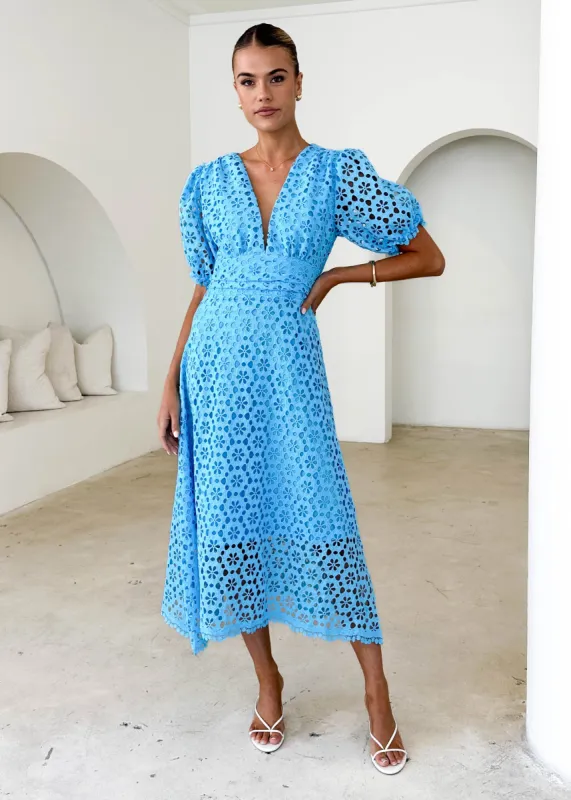 Jahra Lace Midi Dress - Sky Blue sold by Gingham & Heels