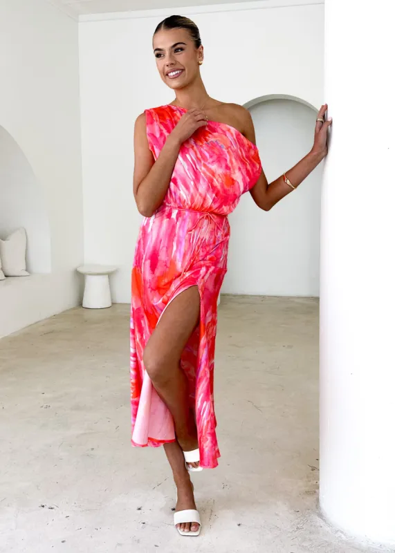 Vivian One Shoulder Maxi Dress - Pink Splash sold by Gingham & Heels