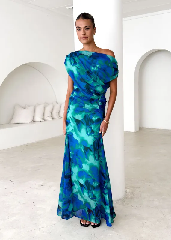 Olsen Off Shoulder Maxi Dress - Blue Lagoon sold by Gingham & Heels