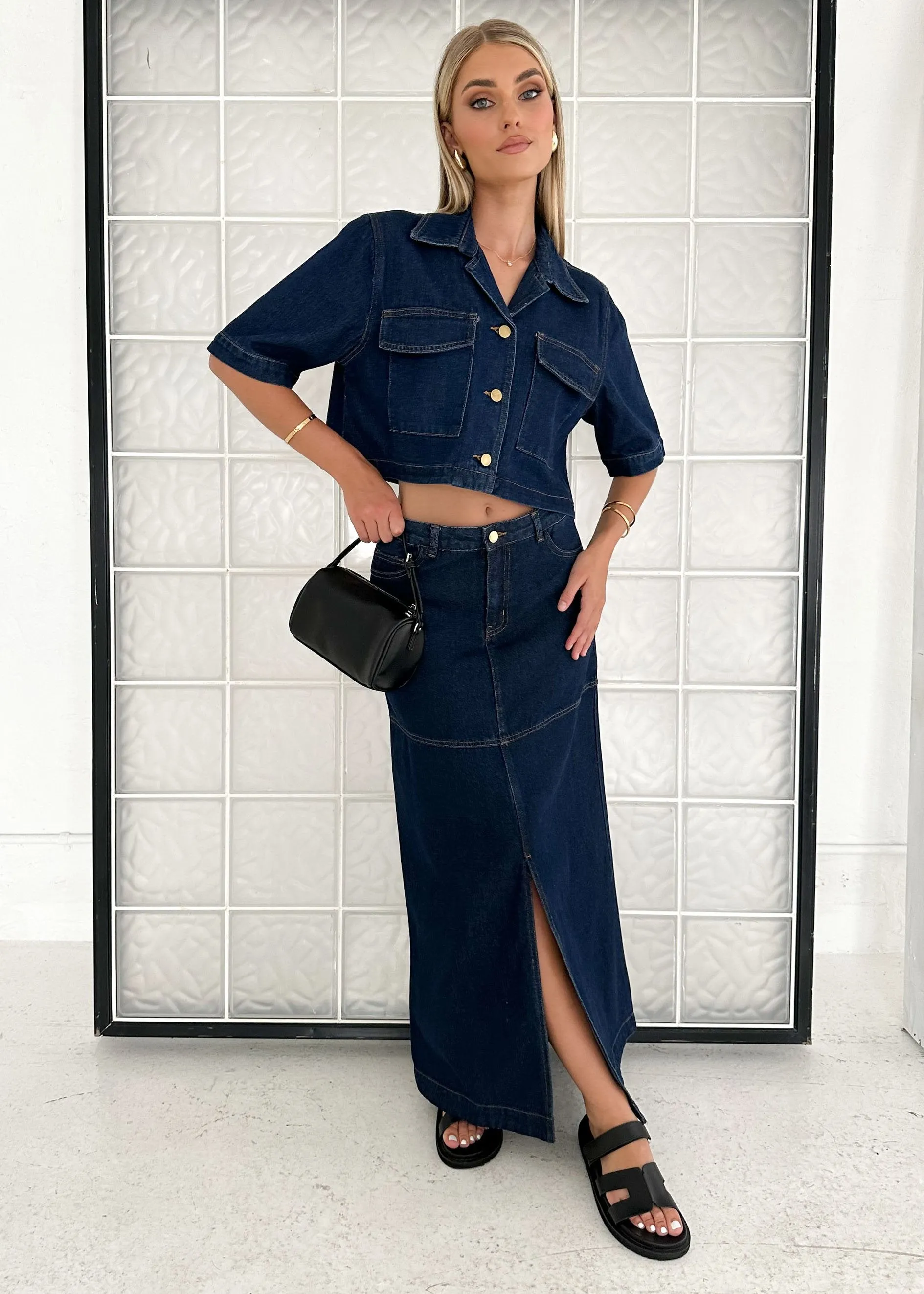 Darcie Cropped Shirt - Indigo sold by Gingham & Heels product image thumbnail 3