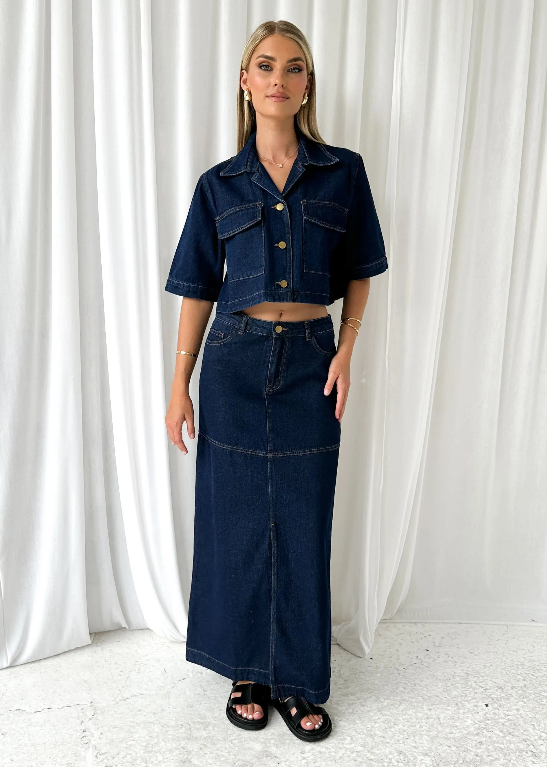 Darcie Cropped Shirt - Indigo sold by Gingham & Heels