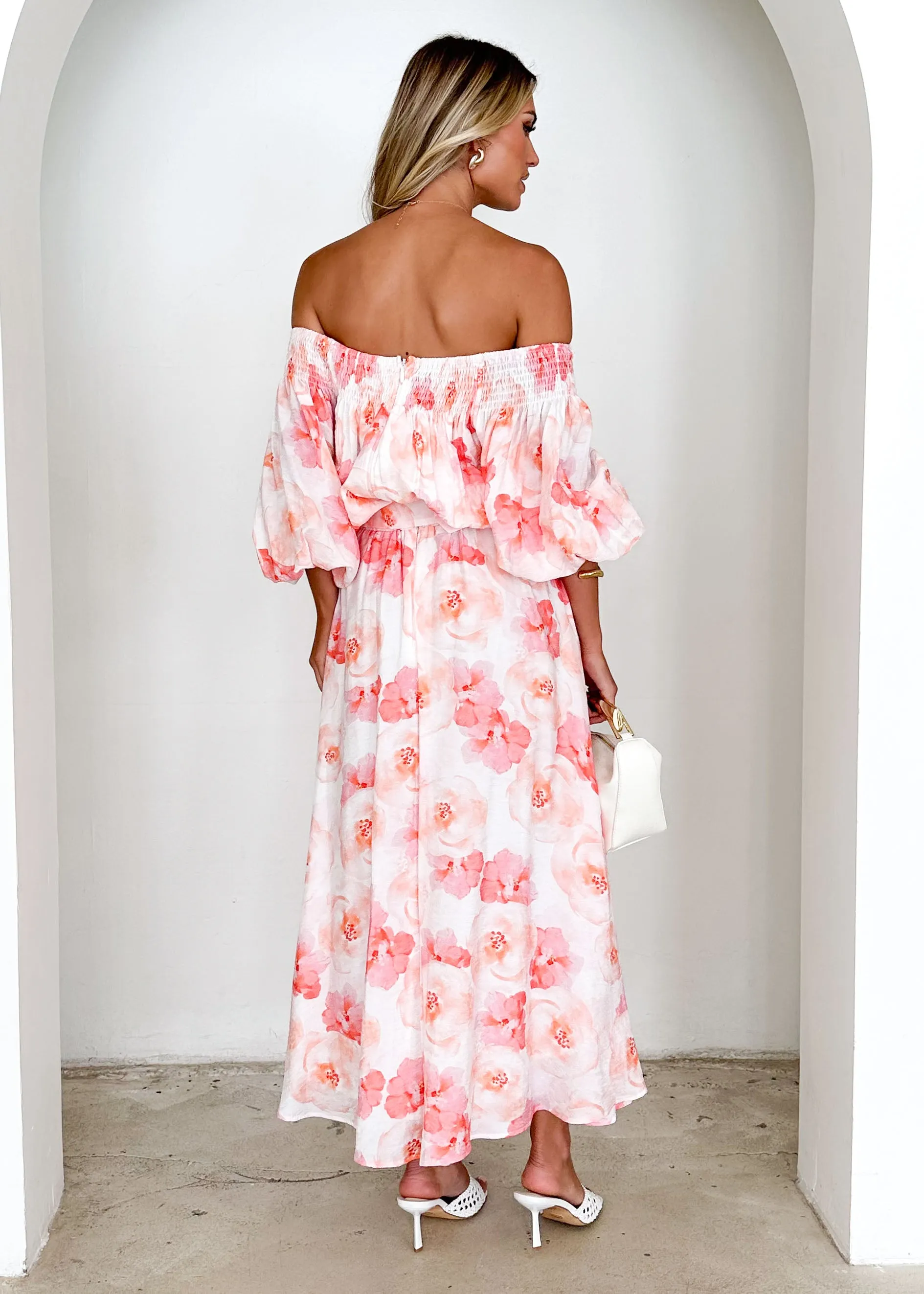 Talu Off Shoulder Midi Dress - Peach Flowers sold by Gingham & Heels product image thumbnail 5
