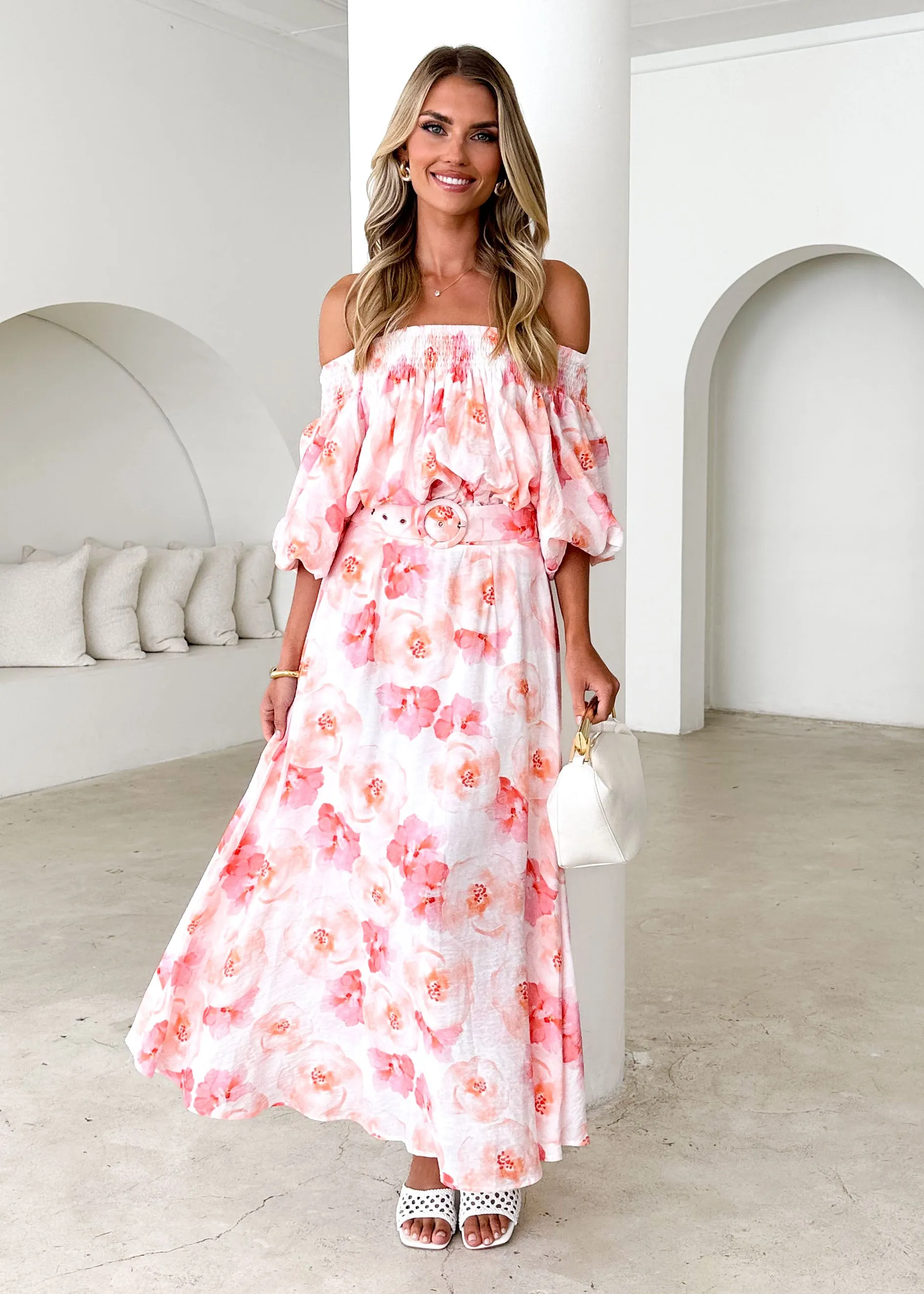 Talu Off Shoulder Midi Dress - Peach Flowers sold by Gingham & Heels