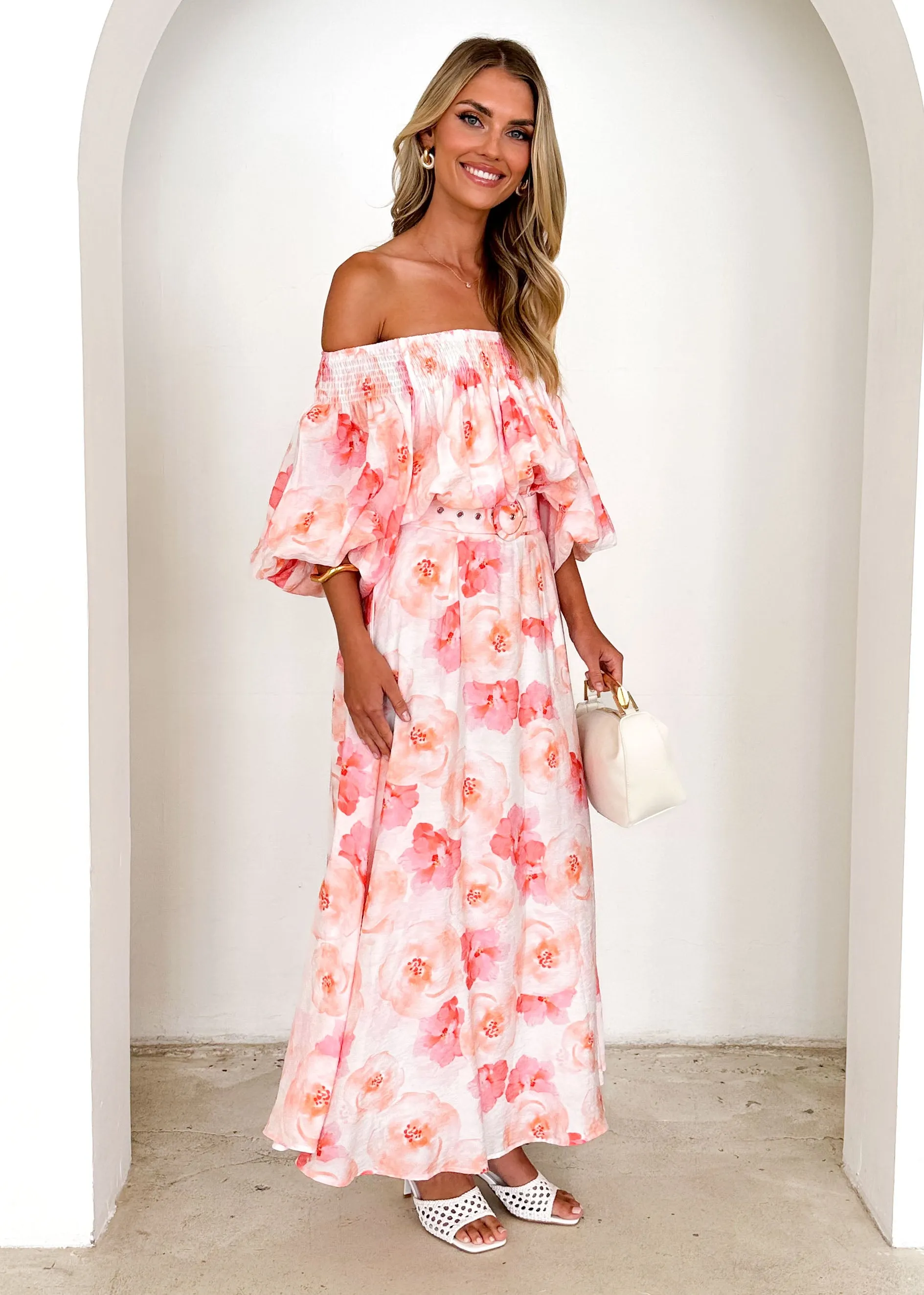 Talu Off Shoulder Midi Dress - Peach Flowers sold by Gingham & Heels product image thumbnail 4
