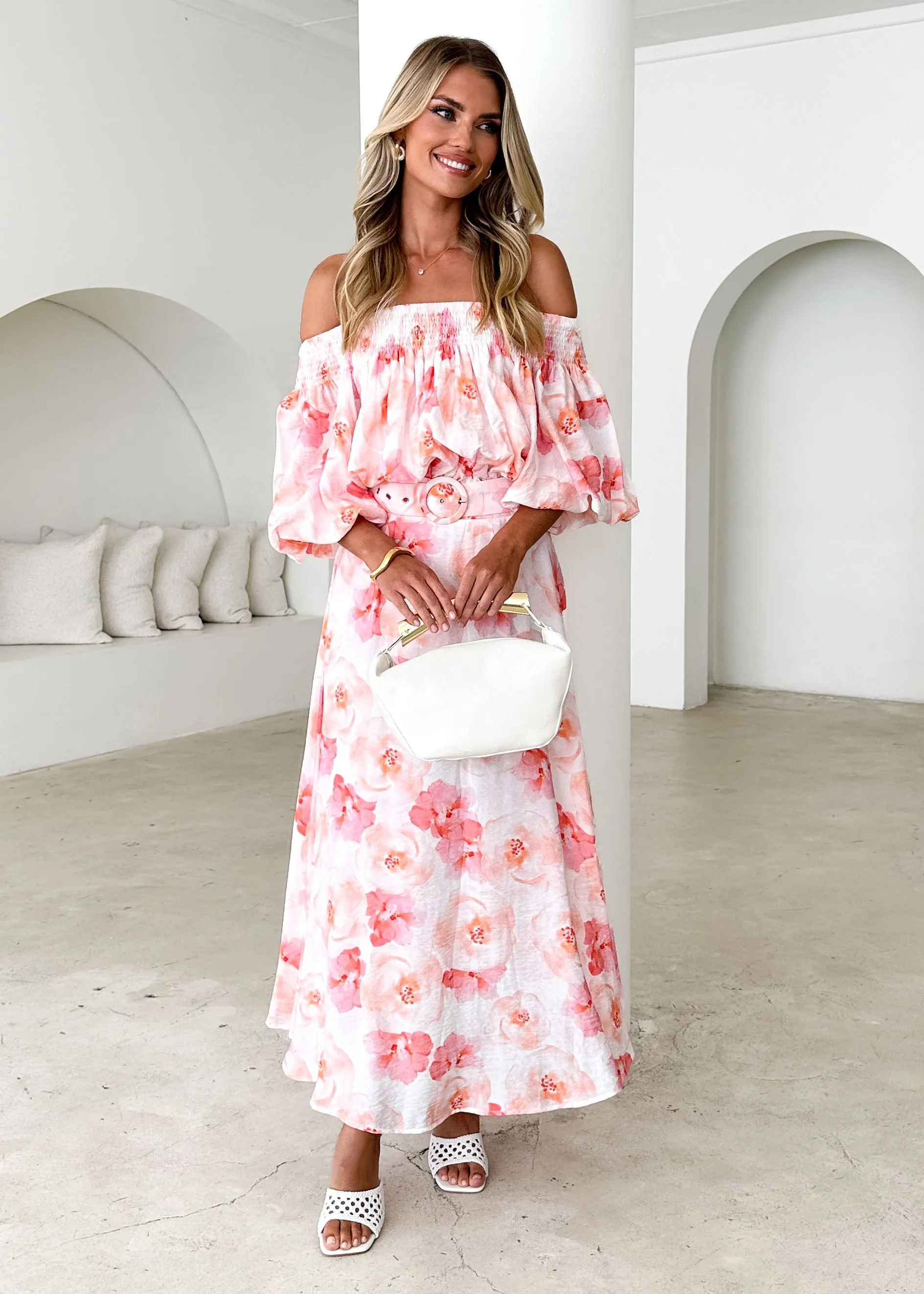 Talu Off Shoulder Midi Dress - Peach Flowers sold by Gingham & Heels product image thumbnail 2