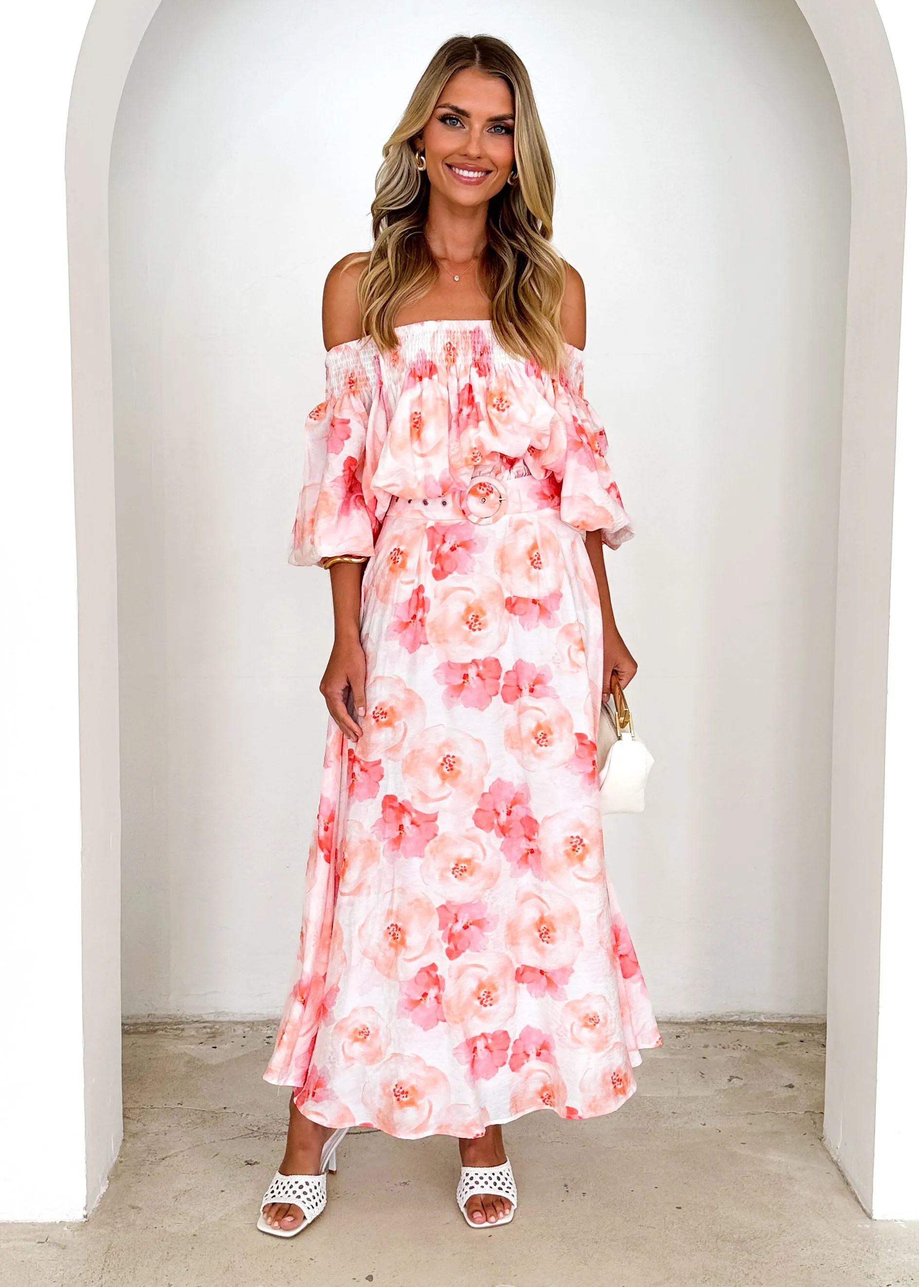 Talu Off Shoulder Midi Dress - Peach Flowers sold by Gingham & Heels product image thumbnail 3