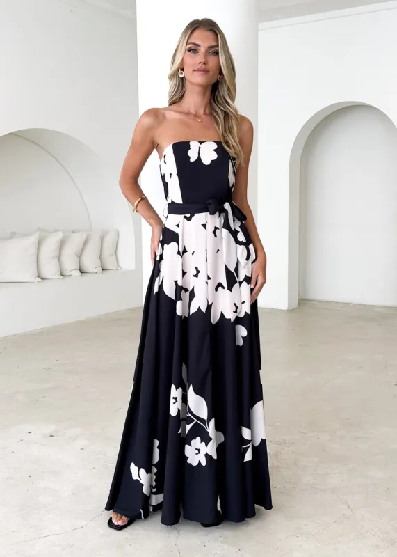 Jorgia Strapless Maxi Dress - Black Floral sold by Gingham & Heels