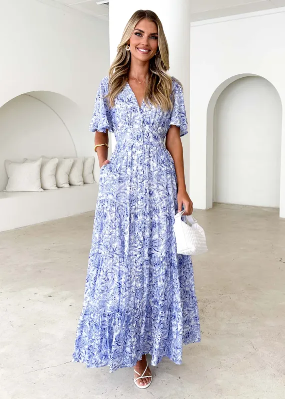 Samariah Maxi Dress - Blue Floral sold by Gingham & Heels