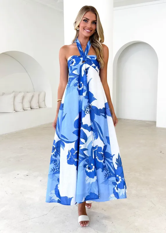 Mariana Halter Maxi Dress - Blue Floral sold by Gingham & Heels