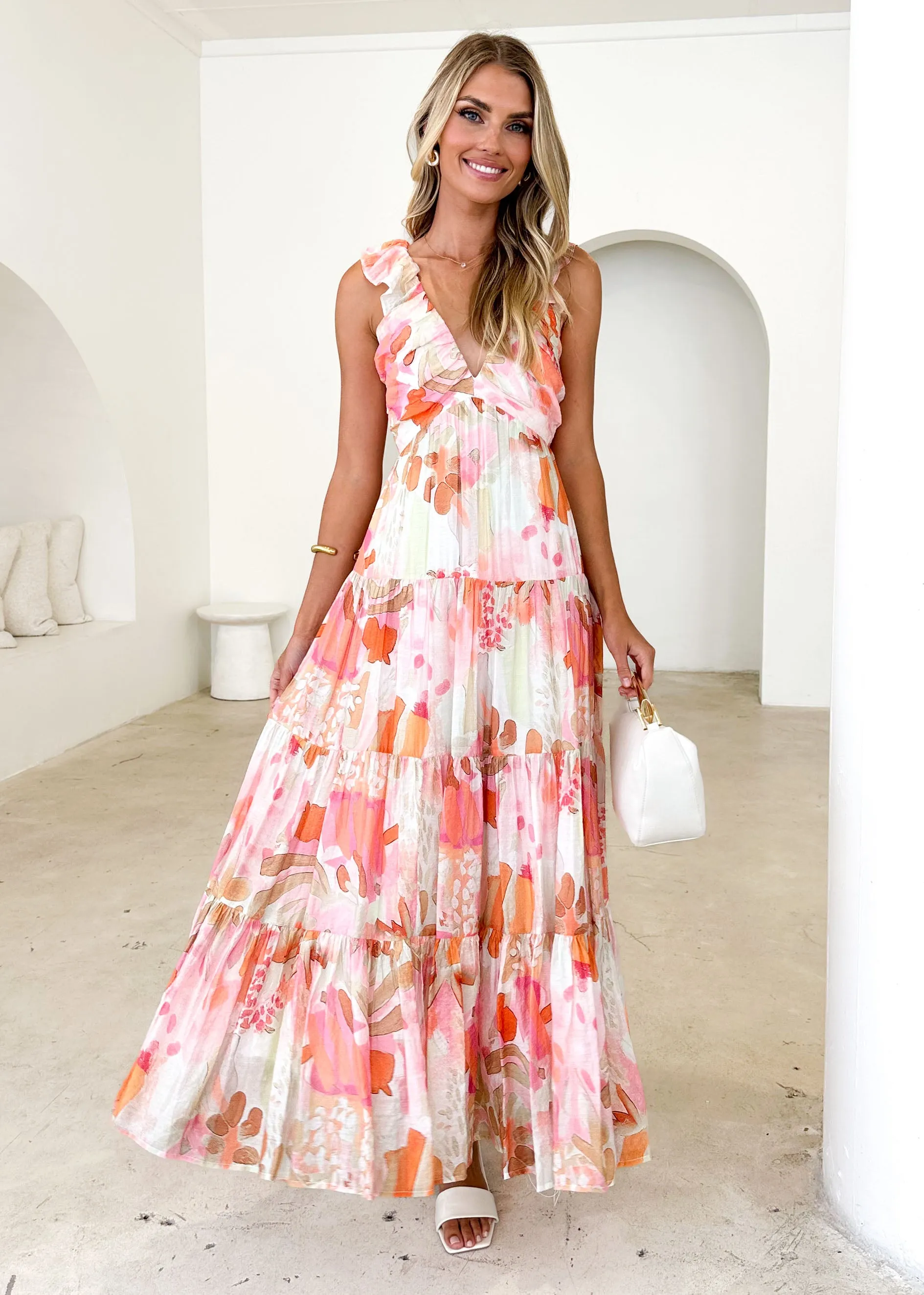 Nylah Maxi Dress - Peach Abstract sold by Gingham & Heels
