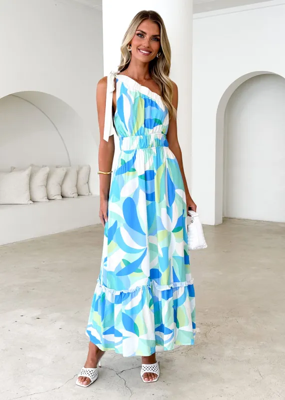 Rainfall One Shoulder Maxi Dress - Blue Abstract sold by Gingham & Heels