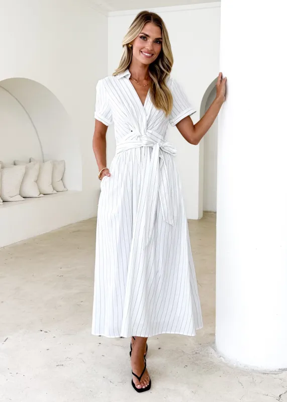 Santana Midi Dress - White Pinstripe sold by Gingham & Heels