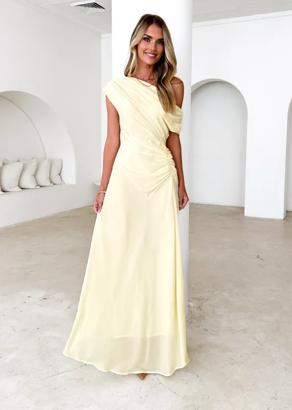 Flirtini One Shoulder Maxi Dress - Lemon sold by Gingham & Heels