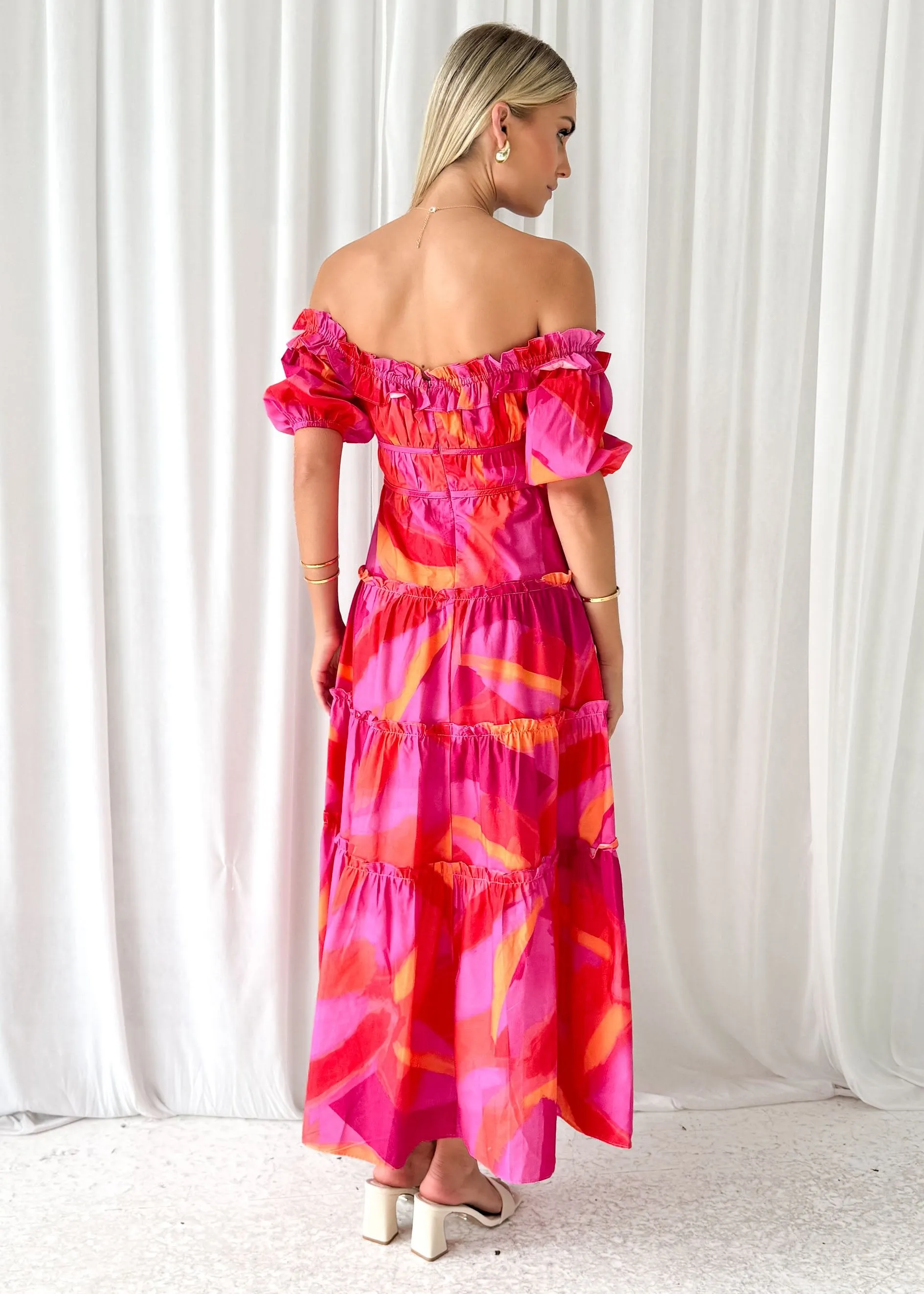 Rosalia Off Shoulder Midi Dress - Pink Splash sold by Gingham & Heels product image thumbnail 5