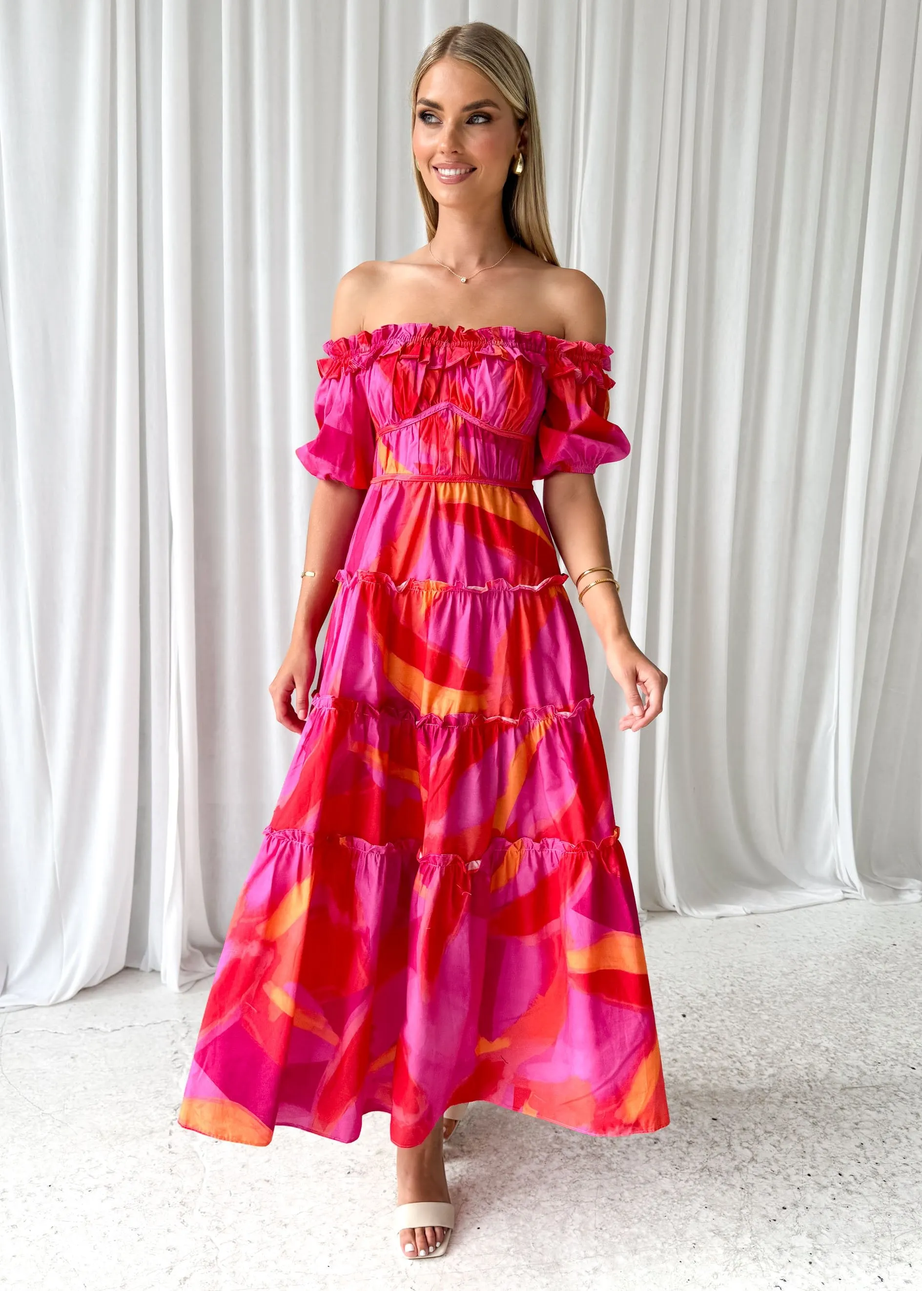 Rosalia Off Shoulder Midi Dress - Pink Splash sold by Gingham & Heels product image thumbnail 3