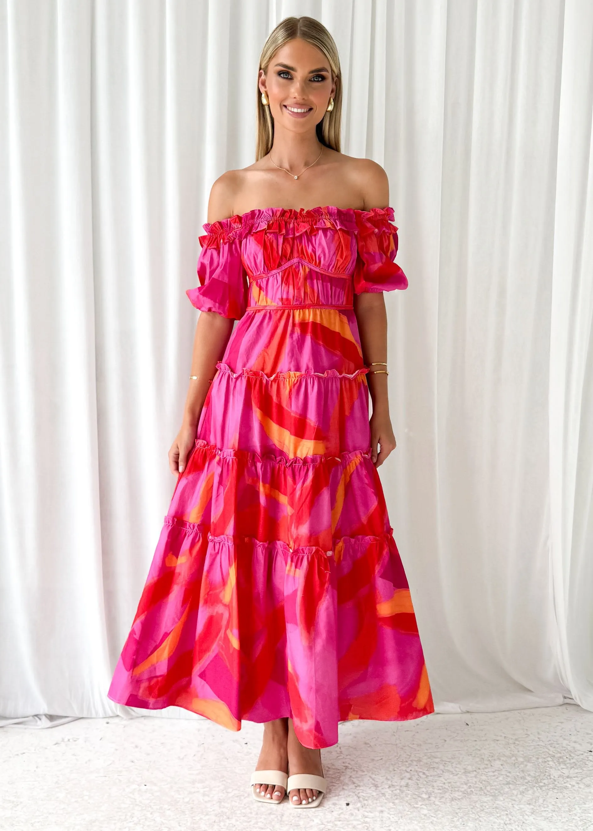 Rosalia Off Shoulder Midi Dress - Pink Splash sold by Gingham & Heels product image thumbnail 4