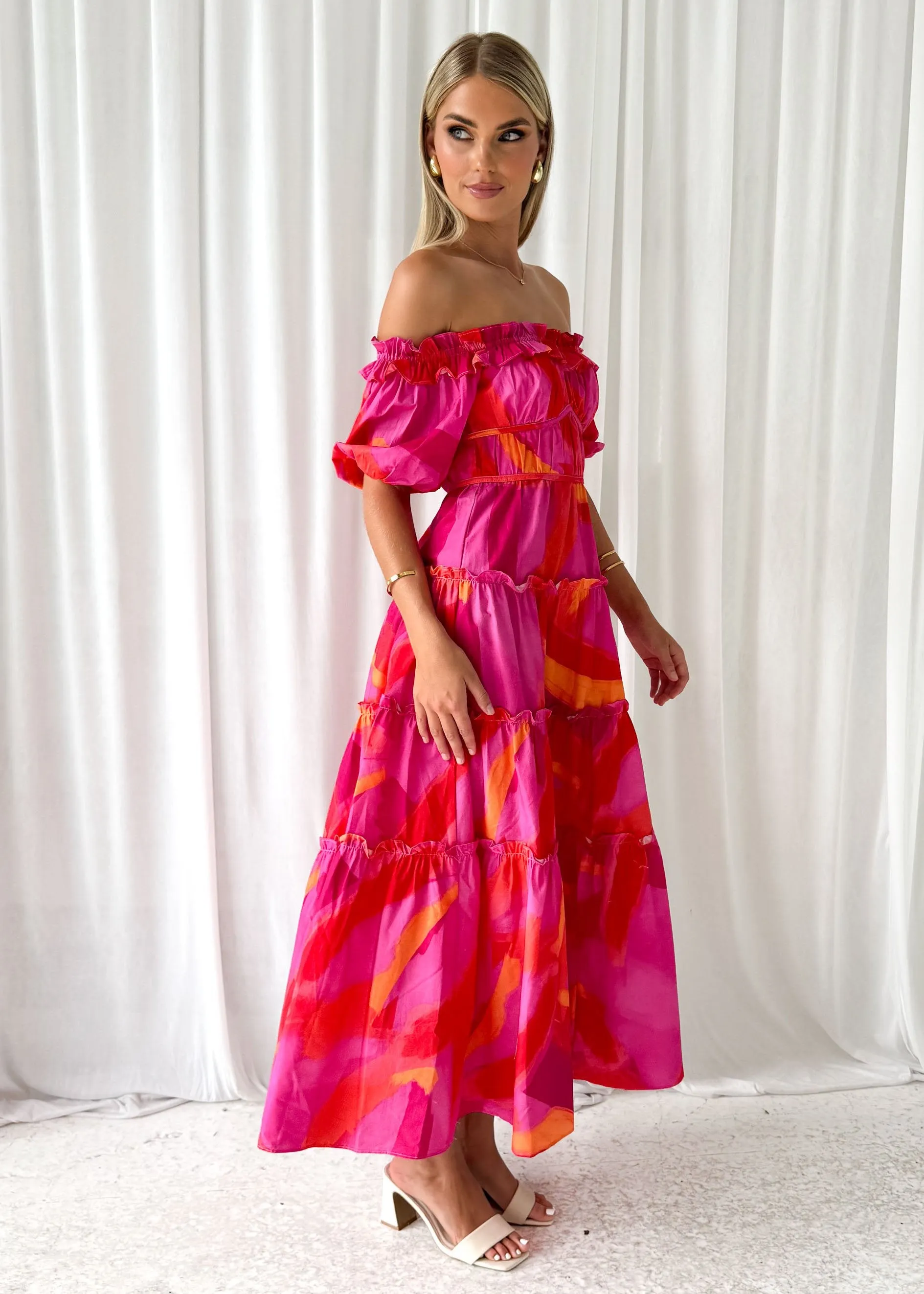 Rosalia Off Shoulder Midi Dress - Pink Splash sold by Gingham & Heels product image thumbnail 2