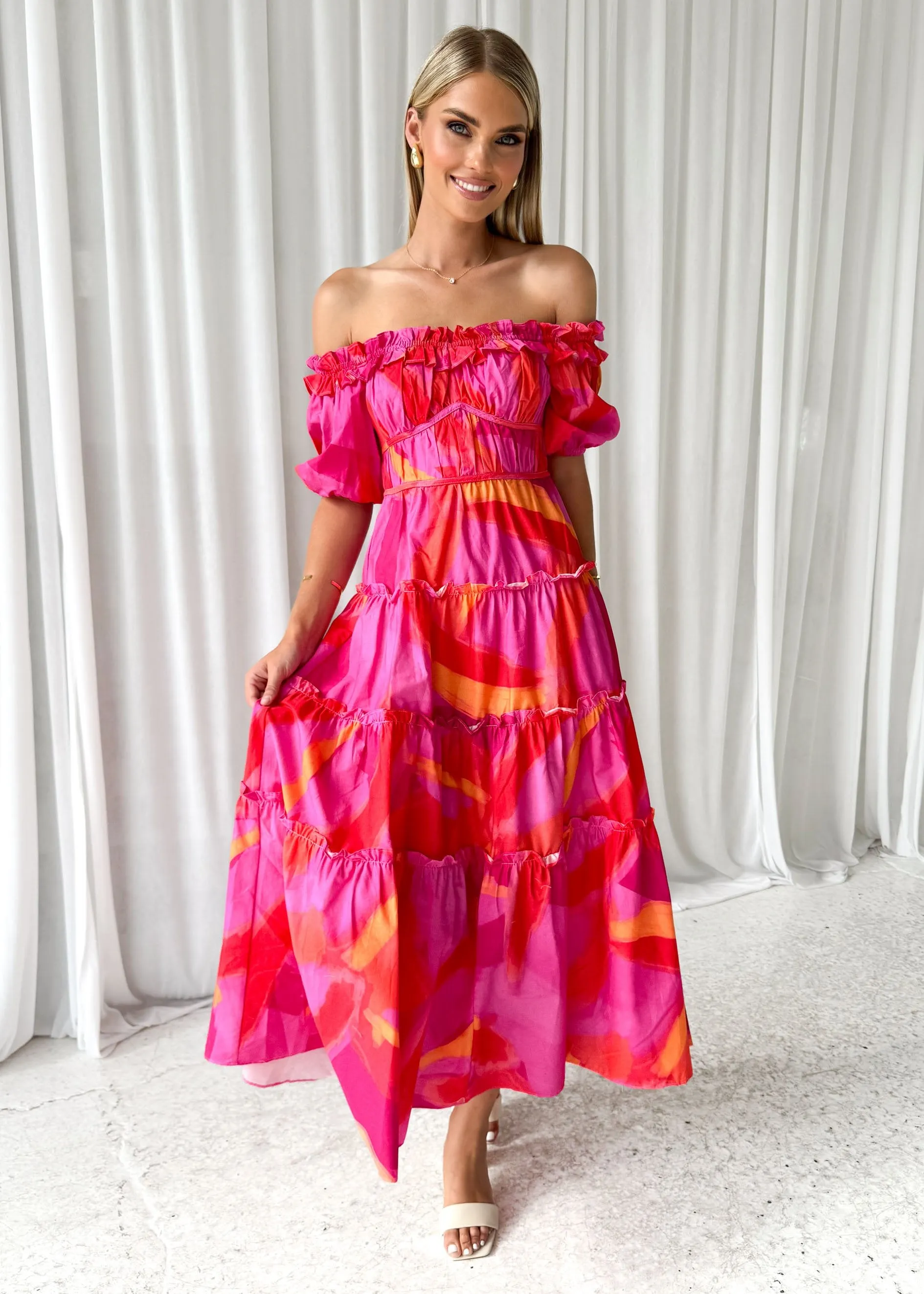 Rosalia Off Shoulder Midi Dress - Pink Splash sold by Gingham & Heels