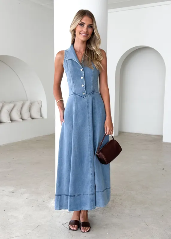 Brighton Denim Maxi Dress - Blue sold by Gingham & Heels