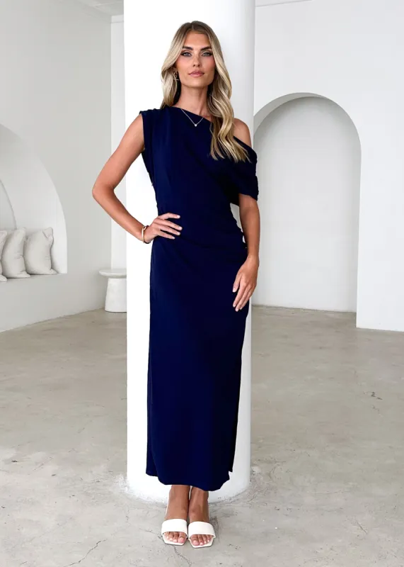 Darcie Off Shoulder Midi Dress - Navy sold by Gingham & Heels