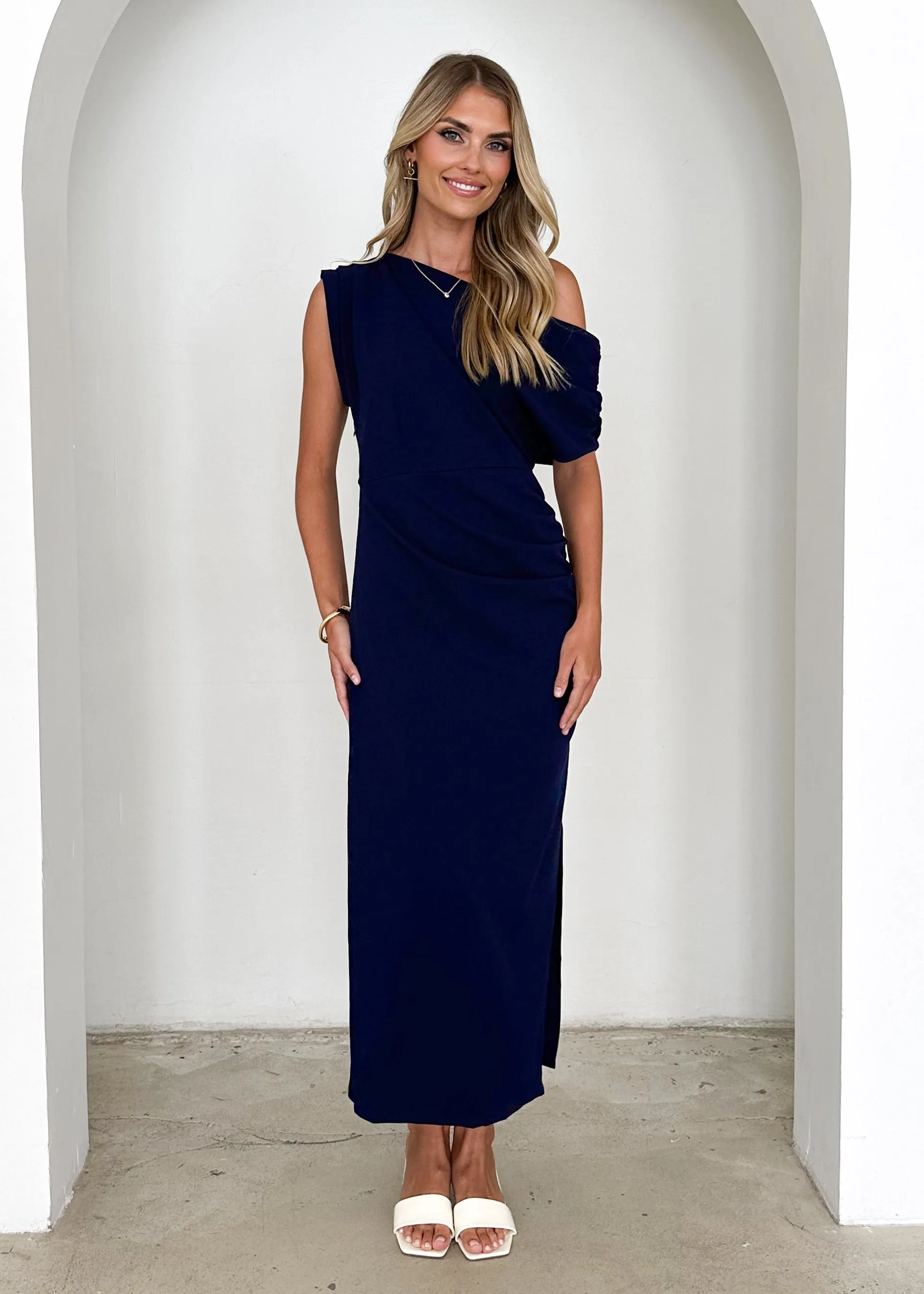 Darcie Off Shoulder Midi Dress - Navy sold by Gingham & Heels product image thumbnail 3
