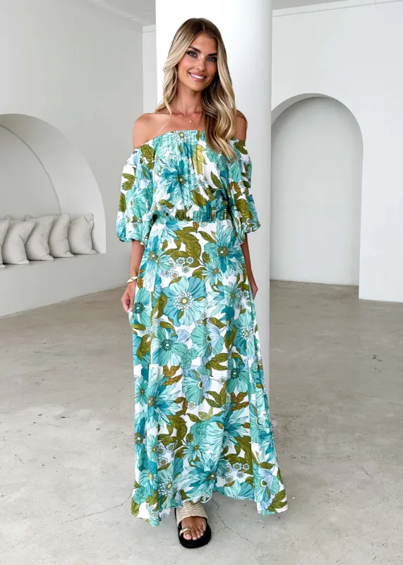 Hallie Off Shoulder Maxi Dress - Amaya Green sold by Gingham & Heels