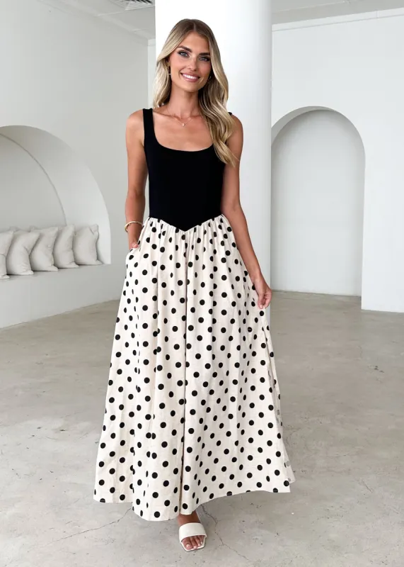 Natalie Maxi Dress - Black Polka sold by Gingham & Heels