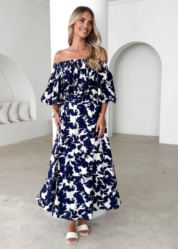 Talu Off Shoulder Midi Dress - Navy Paisley sold by Gingham & Heels