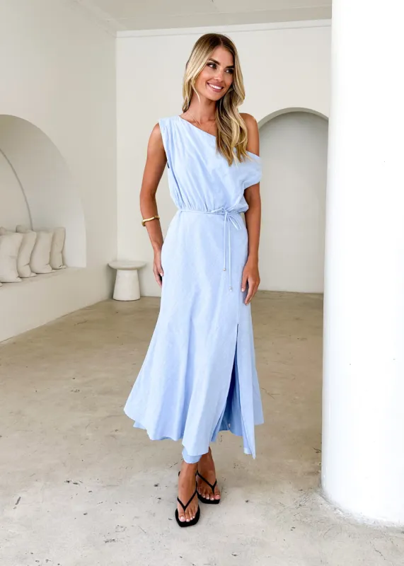 Gabrielle One Shoulder Midi Dress - Blue sold by Gingham & Heels