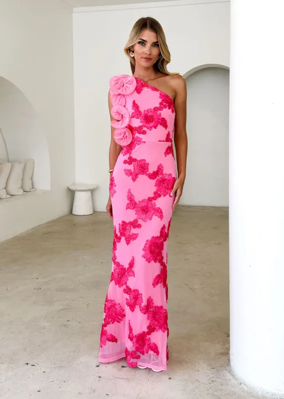 Trilby One Shoulder Mesh Maxi Dress - Pink Floral sold by Gingham & Heels