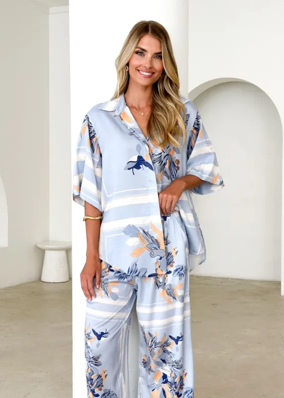 Kaycie Shirt - Powder Blue Floral sold by Gingham & Heels