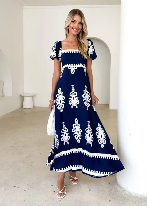 Valeta Maxi Dress - Navy Abstract sold by Gingham & Heels