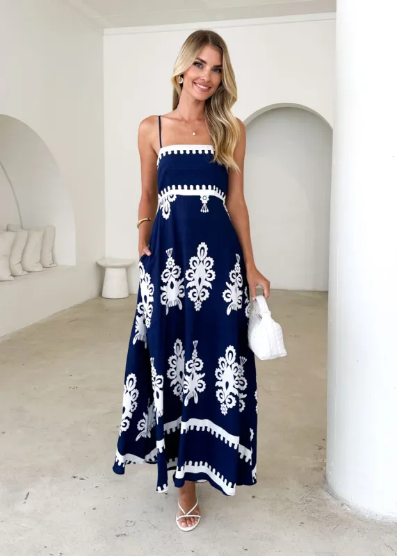 Artemis Maxi Dress - Navy Abstract sold by Gingham & Heels