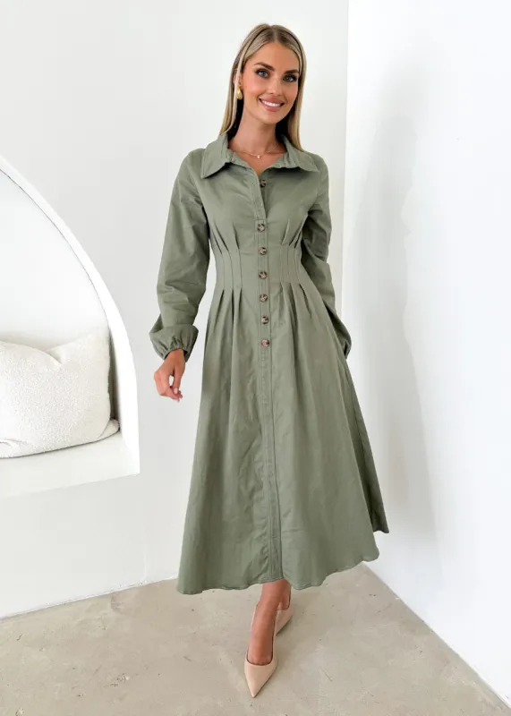 Chrissly Denim Midi Dress - Khaki sold by Gingham & Heels