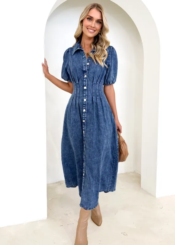 Acer Denim Midi Dress - Dark Blue sold by Gingham & Heels