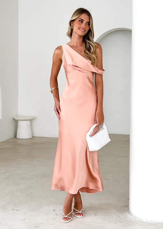Draela One Shoulder Midi Dress - Peach sold by Gingham & Heels