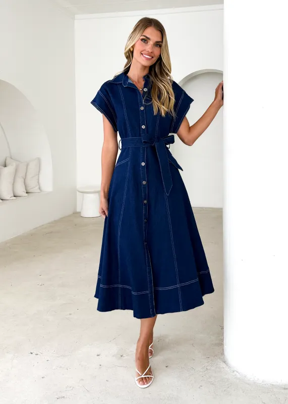 Anam Stretch Denim Midi Dress - Indigo sold by Gingham & Heels