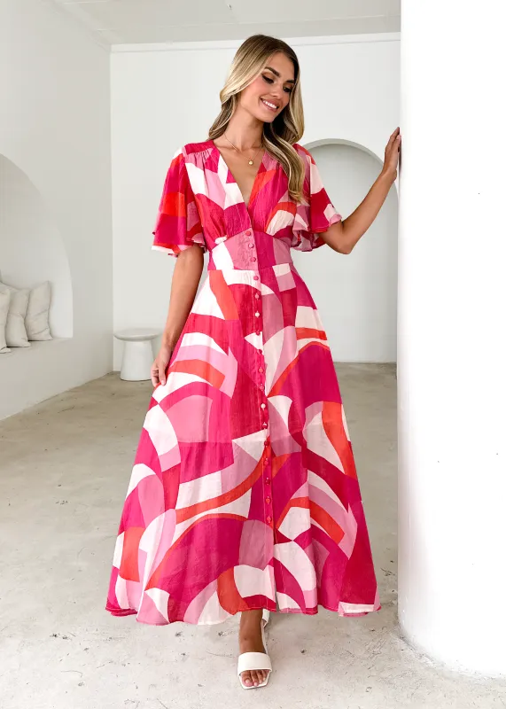 Jasmine Midi Dress - Pink Geo sold by Gingham & Heels