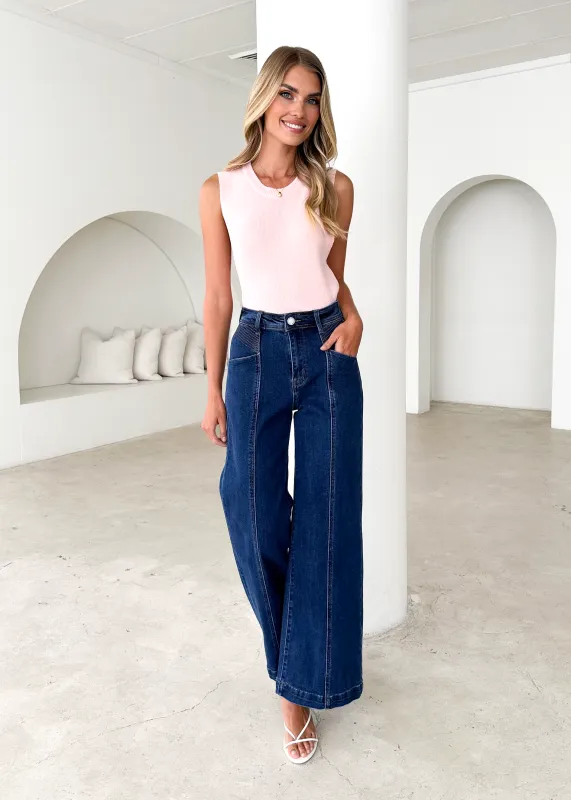 Jess Stretch Wide Leg Jeans - Mid Blue sold by Gingham & Heels