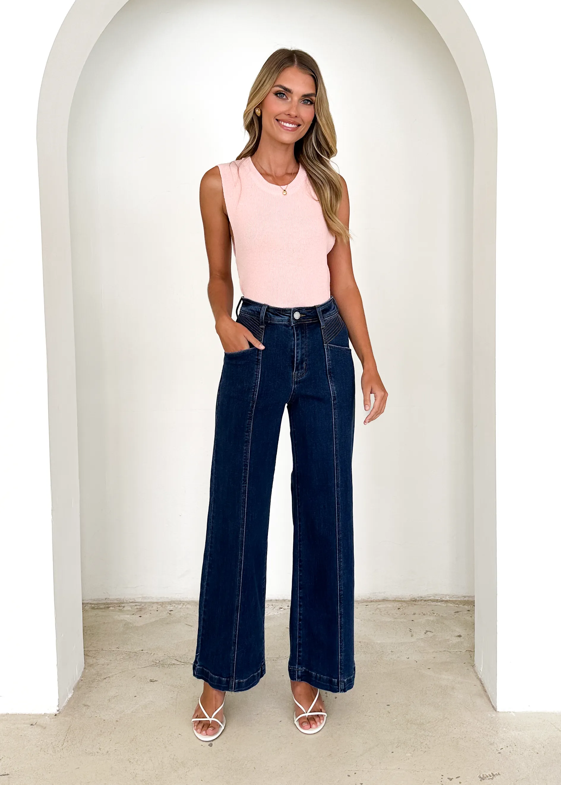 Jess Stretch Wide Leg Jeans - Mid Blue sold by Gingham & Heels product image thumbnail 4
