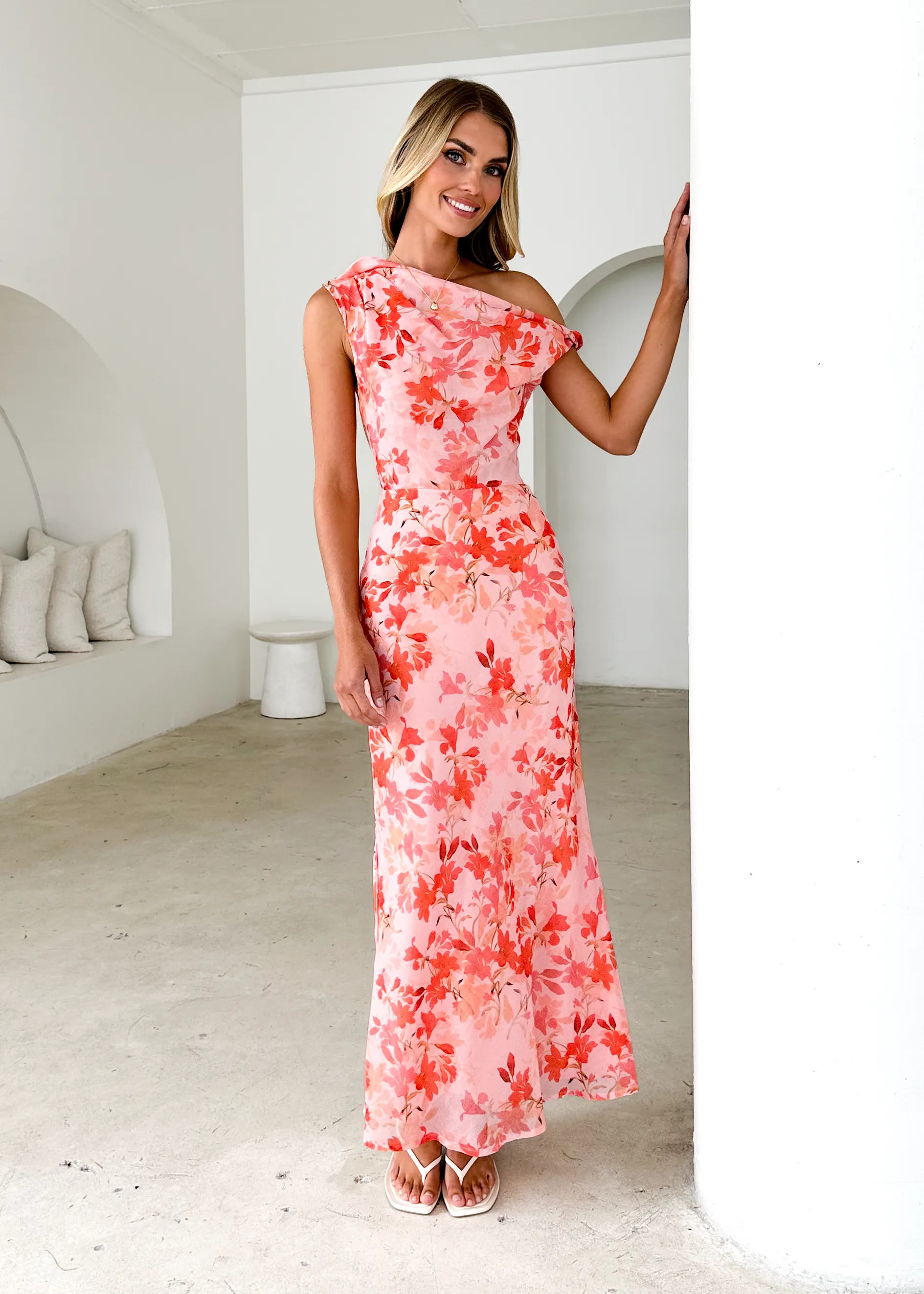 Grace One Shoulder Maxi Dress - Peach Floral sold by Gingham & Heels