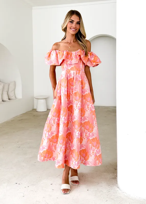 Harbour Off Shoulder Midi Dress - Peach Jacquard sold by Gingham & Heels