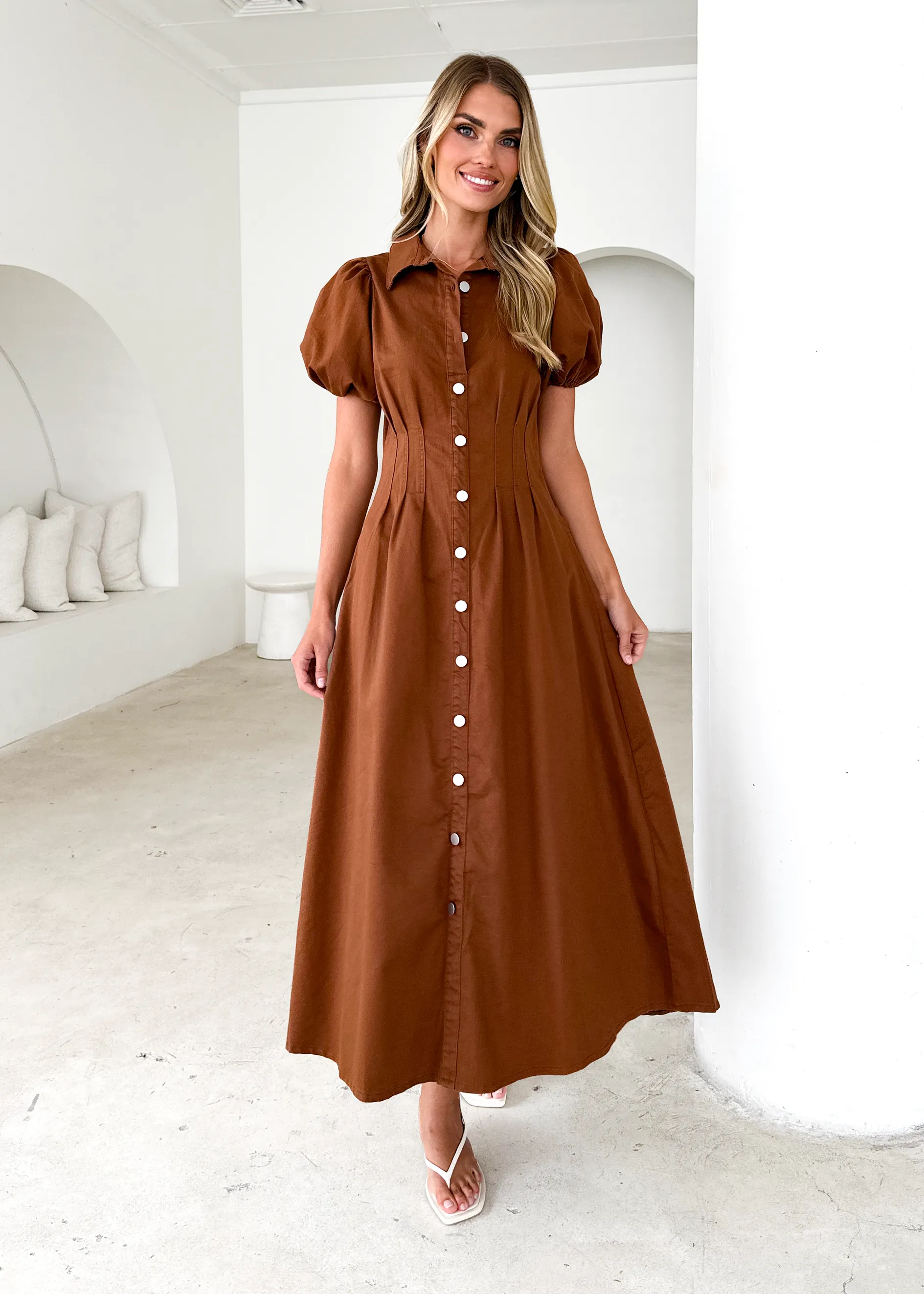 Acer Denim Midi Dress - Brown sold by Gingham & Heels